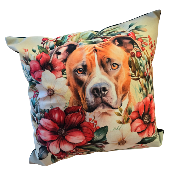 Poszewka dekoracyjna na jaśka – American Staffordshire Terrier w kwiatowej oprawie