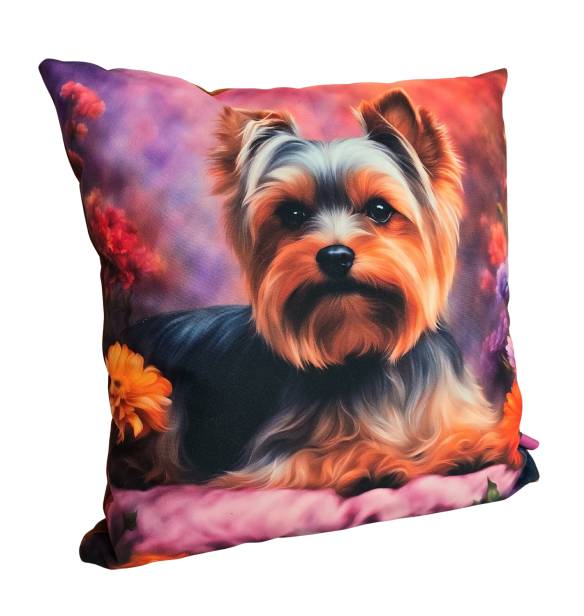 Poszewka dekoracyjna na jaśka – Yorkshire Terrier w eleganckiej, kwiatowej odsłonie