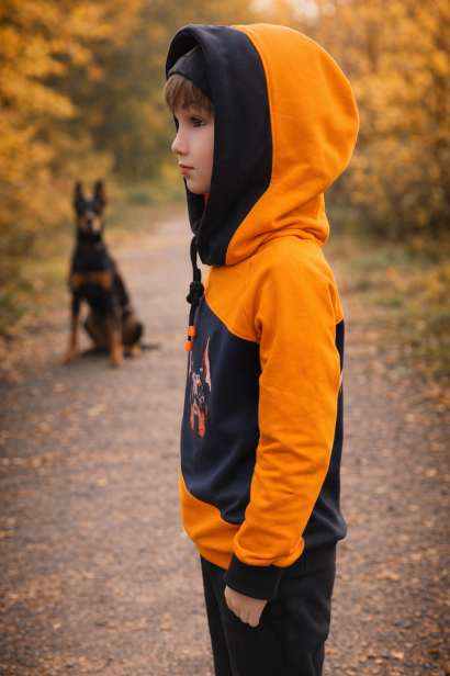 Bluza dziecięca z kapturem profil boczny – stylowa bluza dla chłopca z dresówki, pomarańczowo czarna odzież dziecięca