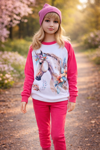 Dziewczynka w różowej bluzie dresowej z nadrukiem konia i kwiatów – stylowa bluza dziecięca premium