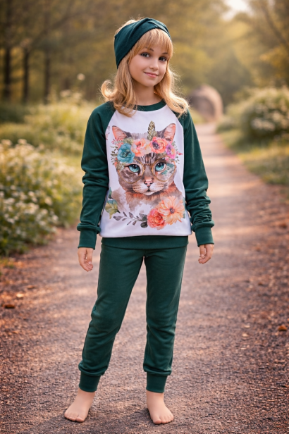 Dziewczynka w zielonej bluzie dziecięcej z kotem w kwiatach, stylowa bluza dresowa dla dziewczynki, modna odzież dziecięca